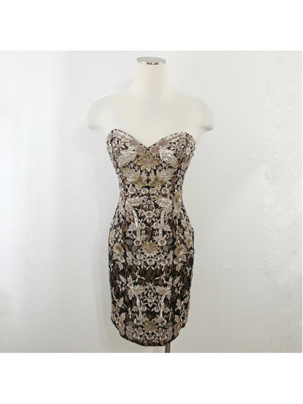 Sue Wong Nocturne beaded floral embroidered strapless mini dress gold women's 6